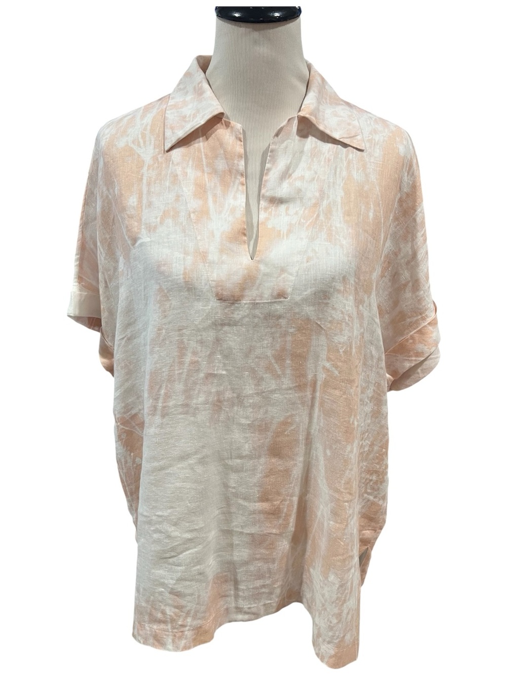 Lafayette 148 New York Bluff Pink Shadow Print Linen Popover Shirt Size Large